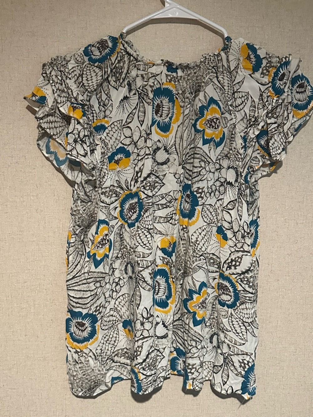 Rose & Olive XL Teal Yellow Boho Tassel Keyhole Back Festive Blouse - Picture 5 of 5